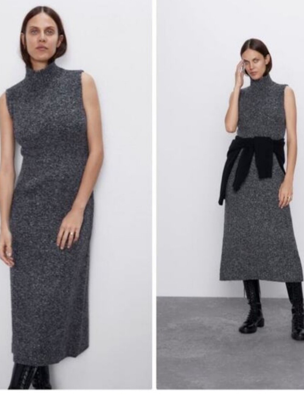 Zara Women's Grey Long Knit Wool Blend High Neck Dress Size Large
